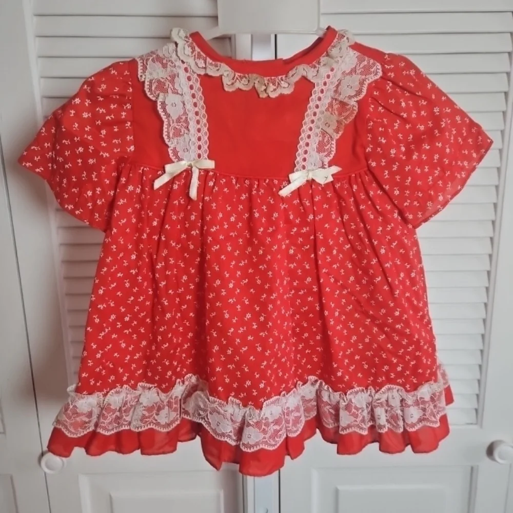 VTG Sears Red And White Baby Dress Ruffle Lace Short Sleeve Size Large 26-31 Lbs